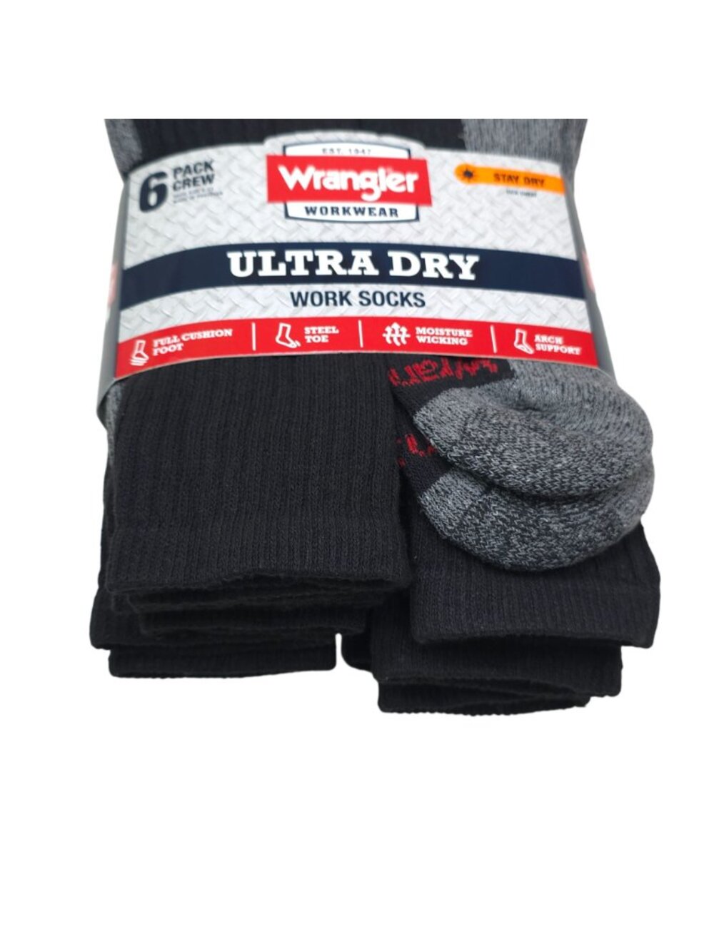 Wrangler Ultra Dry Work Socks 6-Pack Crew Arch Support Steel Toe Cushion Foot - Picture 2 of 9